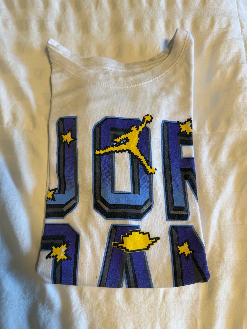 Jordan White Tee with Blue and Yellow Pixel Logo